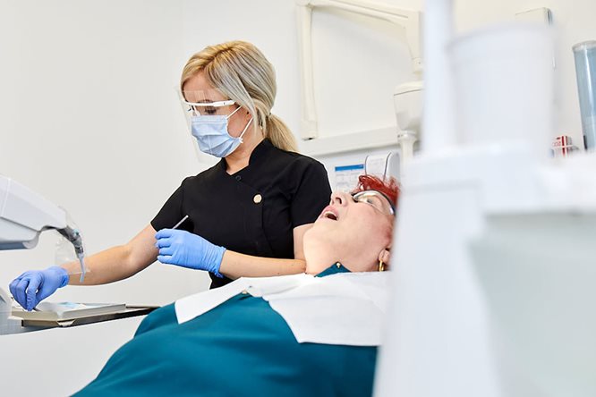 Female dentist treats female patient in dental practice
